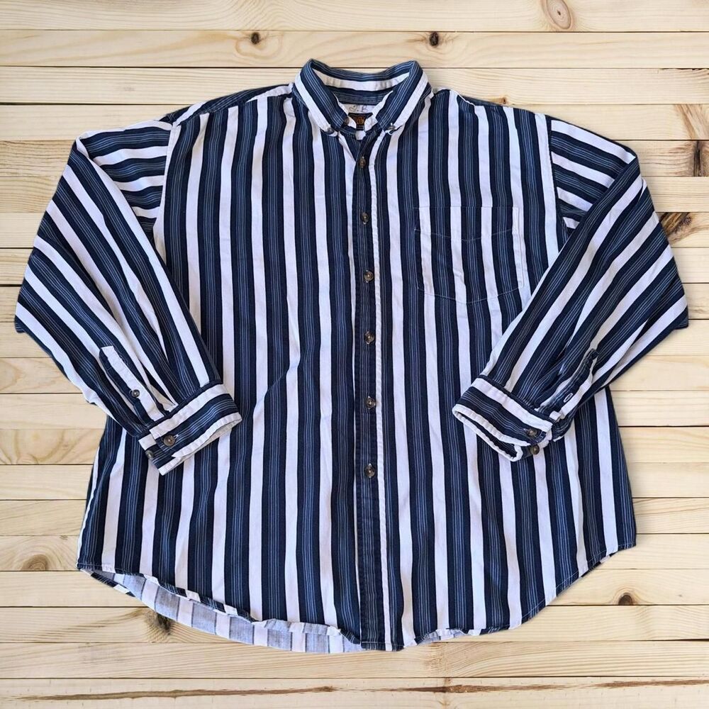Route-66 Men's Striped Blue and White Button Up Shirt